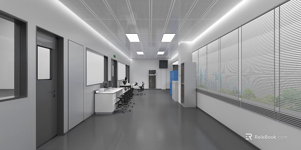 Modern Laboratory Interior With Long Tables Chairs Whiteboards And Ceiling Lights 3d model 