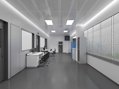 Modern Laboratory Interior With Long Tables Chairs Whiteboards And Ceiling Lights 3d model