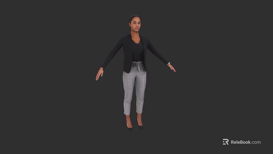 Woman In Black Blazer And Gray Plaid Pants With Arms Outstretched On Gray Background 3d model 