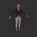 Woman In Black Blazer And Gray Plaid Pants With Arms Outstretched On Gray Background