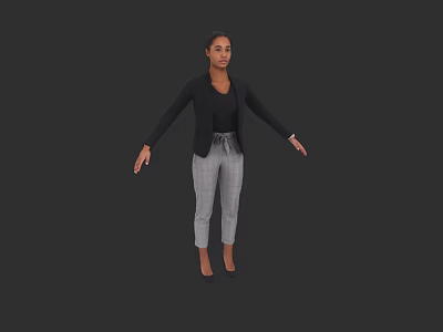Woman In Black Blazer And Gray Plaid Pants With Arms Outstretched On Gray Background 3d model