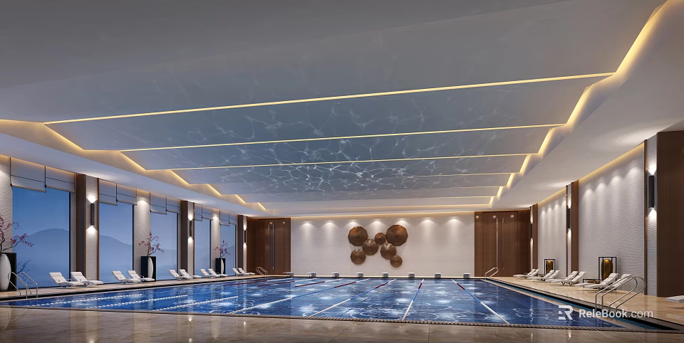 Luxurious Indoor Swimming Pool With Ceiling Lights Lounge Chairs And Decor 3d model 