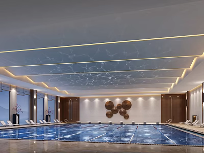 Luxurious Indoor Swimming Pool With Ceiling Lights Lounge Chairs And Decor 3d model