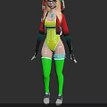 A Woman With Blonde Hair Wearing Red Green Cat Ear Hat Glasses Yellow Bodysuit Red Jacket