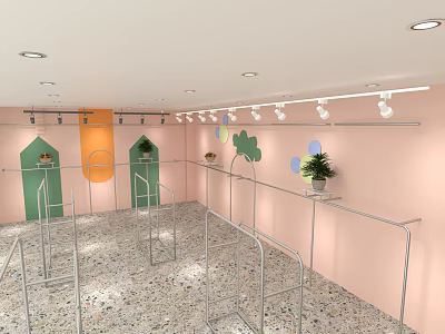 Modern Retail Display Shelves With Pink Walls Green Orange Decorations Metal Racks And Terrazzo Flooring 3d model