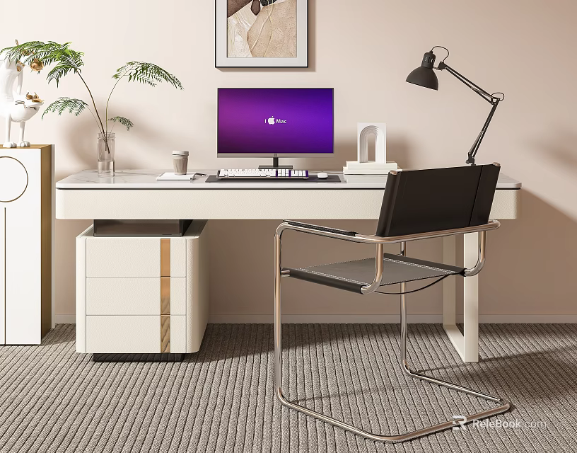 Modern White Desk With Gold Line Drawers Computer Monitor Lamp Black Chair And Potted Plant 3d model 