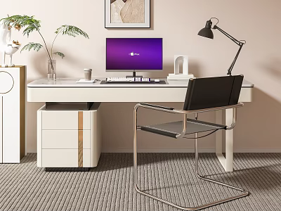 Modern White Desk With Gold Line Drawers Computer Monitor Lamp Black Chair And Potted Plant 3d model
