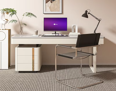 Modern White Desk With Gold Line Drawers Computer Monitor Lamp Black Chair And Potted Plant 3d model