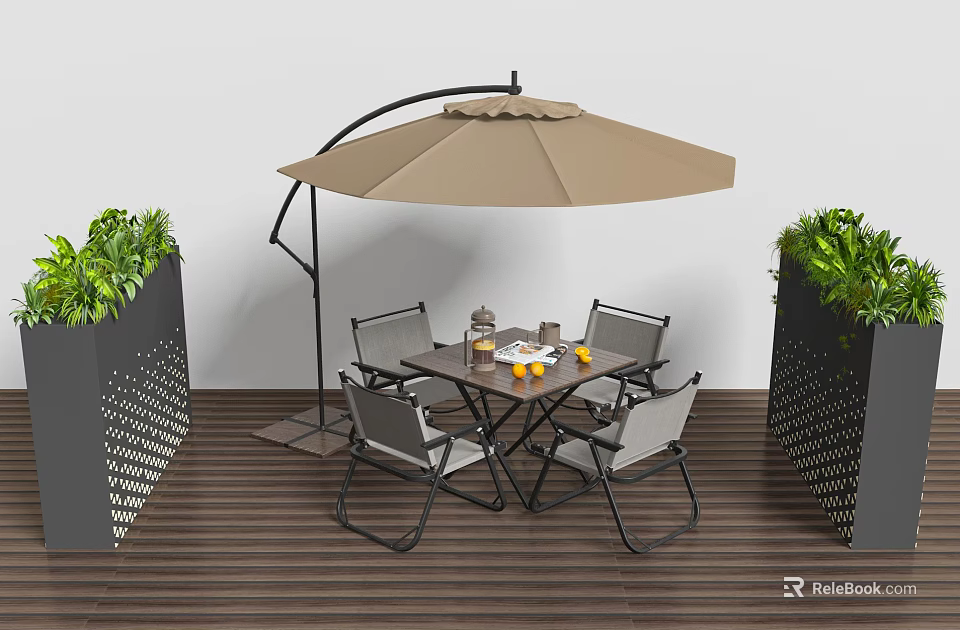 Outdoor Chairs with Table and Umbrella on Wooden Deck with Green Plants 3d model 
