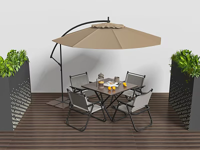 Outdoor Chairs with Table and Umbrella on Wooden Deck with Green Plants 3d model