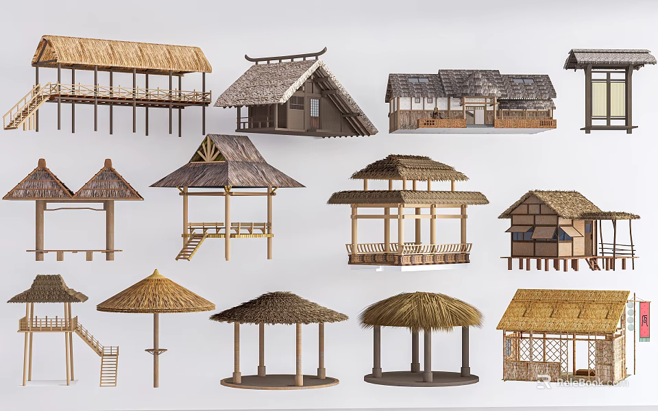 Traditional Thatched Roof Wooden Houses With Various Architectural Designs And Styles 3d model 
