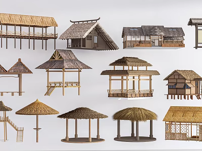 Traditional Thatched Roof Wooden Houses With Various Architectural Designs And Styles 3d model