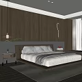 Modern Bedroom Interior with Dark Brown Wooden Wall and Curved Light Strip