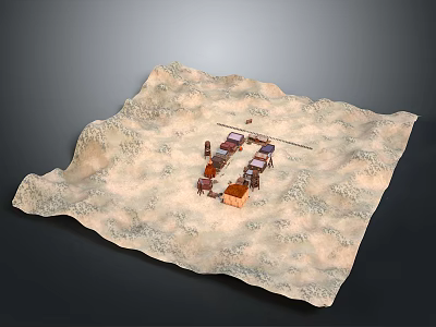 Miniature Terrain Model with Small Wooden Buildings and Textured Surface Layout Design 3d model