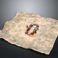 Miniature Terrain Model with Small Wooden Buildings and Textured Surface Layout Design