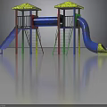 Children's Playground Equipment With Two Yellow Roofs Blue Slides And Colorful Ladders
