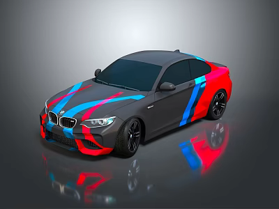 BMW Gray Sports Car With Red And Blue Stripes Shiny Surface And Reflection 3d model