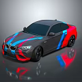 BMW Gray Sports Car With Red And Blue Stripes Shiny Surface And Reflection