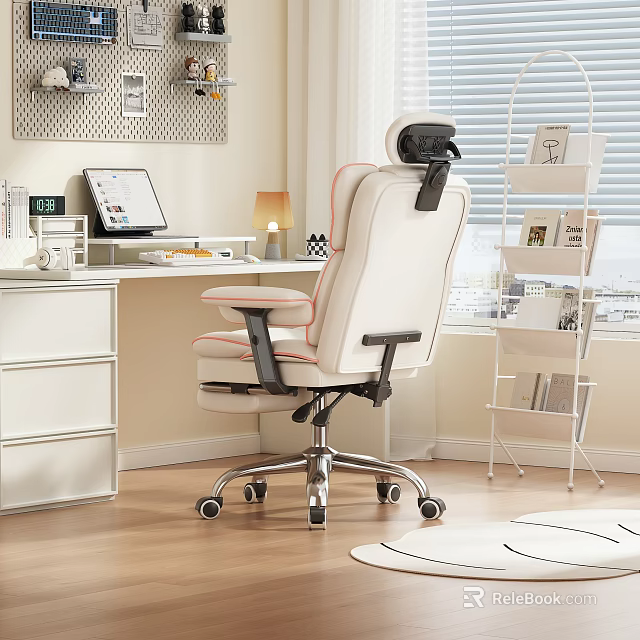 Modern Home Office Desk With White Ergonomic Chair Computer Table Lamp Pegboard And Bookshelf 3d model 