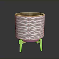 Stylish Ceramic Flower Pot With Herringbone Pattern And Wooden Stand 3d model