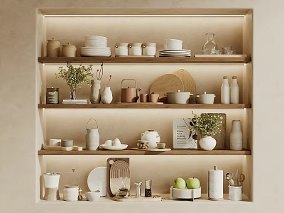 Spice Jars Displayed On Kitchen Shelf With Plates Cups Coffee Maker And Potted Plants 3d model