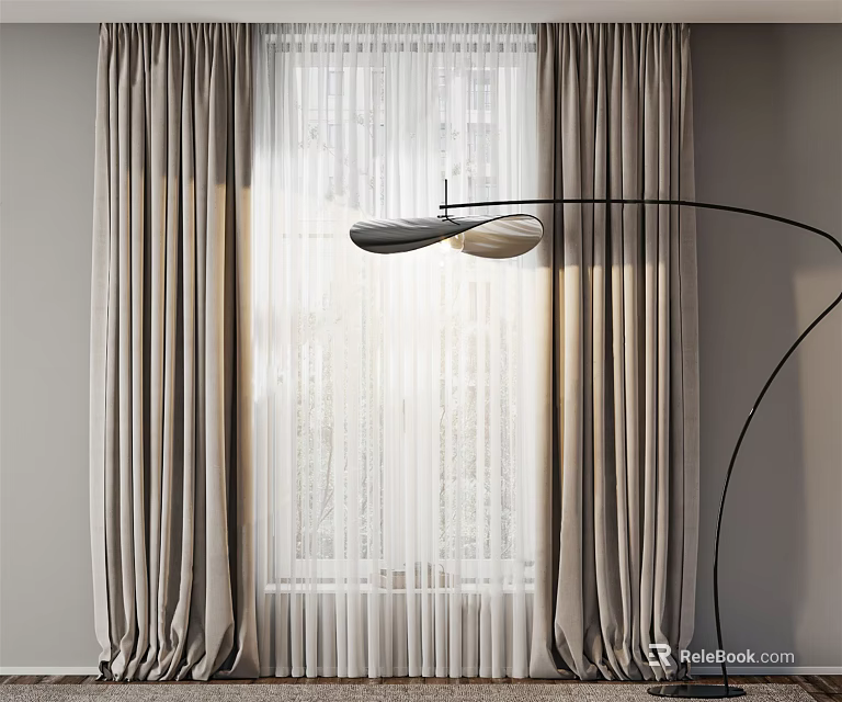 Beige Curtains With Sheer Panels In Modern Interior And Floor Lamp 3d model 