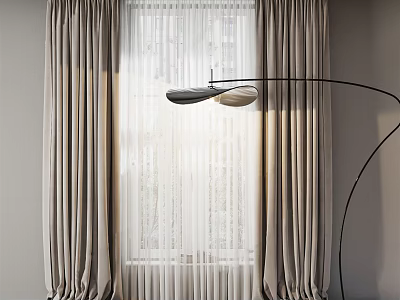 Beige Curtains With Sheer Panels In Modern Interior And Floor Lamp 3d model