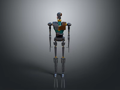 Robot Character Design With Slender Legs Metallic Body And Green Yellow Accents 3d model