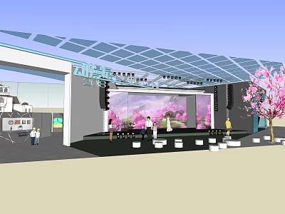 Outdoor Event Venue With Glass Roof Stage Cherry Blossom Background And Trees 3d model