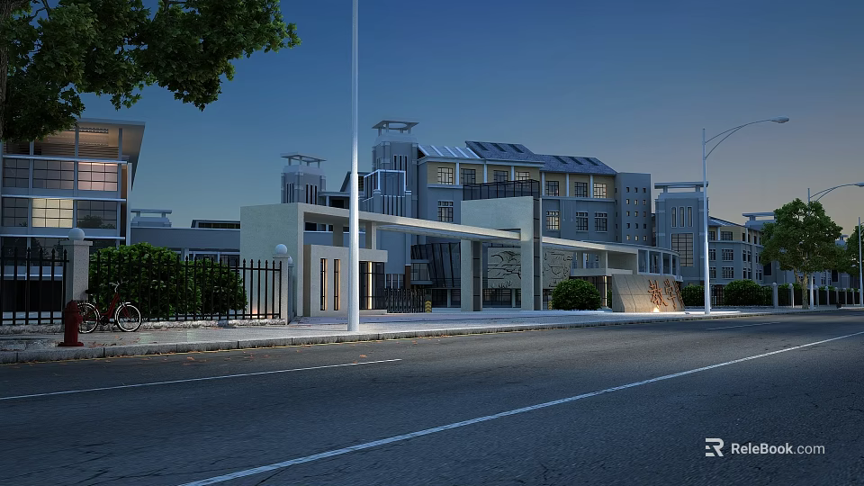 Modern Campus Entrance Gate With Building Background Street Lamp And Green Plants 3d model 