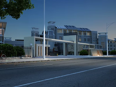 Modern Campus Entrance Gate With Building Background Street Lamp And Green Plants 3d model
