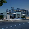 Modern Campus Entrance Gate With Building Background Street Lamp And Green Plants
