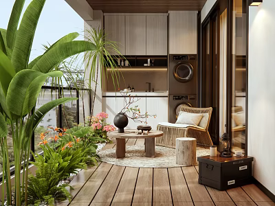 Lush Green Home Balcony With Wooden Flooring Rattan Chair And Potted Plants 3d model