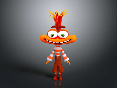 Cartoon Game Character With Orange Face Big Green Eyes Red Yellow Hair And Striped Shirt 3d model