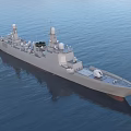 Gray Warship Sailing on Calm Blue Sea With Radar Antennas and Superstructure