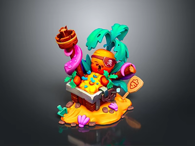 Cartoon Pirate Themed Decorative Figurine With Green Plants Pink Decor Yellow Base Beach Shells Coins 3d model