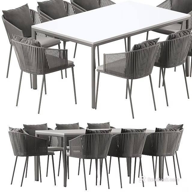 Modern Outdoor Wicker Dining Table and Chair Set with Comfortable Cushions 3d model 
