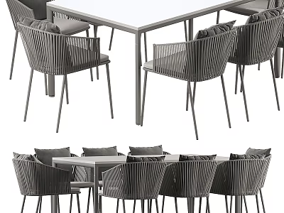 Modern Outdoor Wicker Dining Table and Chair Set with Comfortable Cushions 3d model