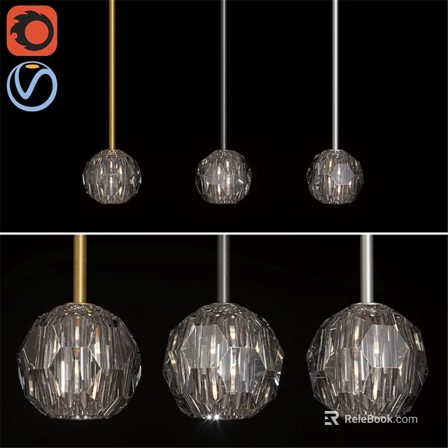 Elegant Modern Crystal Pendant Lights With Spherical Cut Design And Metal Rods 3d model 