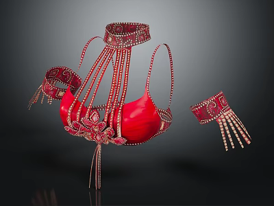 Red Ornate Beaded Fringed Lingerie Set With Collar Straps And Arm Cuffs 3d model