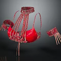 Red Ornate Beaded Fringed Lingerie Set With Collar Straps And Arm Cuffs