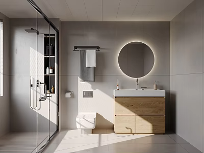 Modern Bathroom With Glass Shower Round Backlit Mirror Wooden Vanity White Tiles Toilet Towel Rack 3d model
