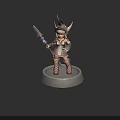 Mythical Armored Warrior Character With Horned Helmet And Spear On Stone Base