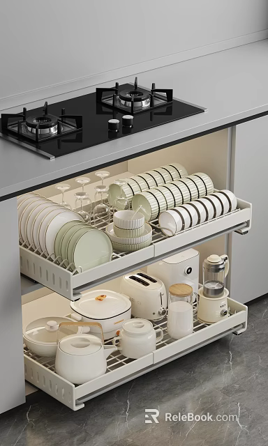 Organized Kitchenware Drawer Storage with Dishes Bowls Cups and Cooking Tools 3d model 