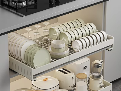 Organized Kitchenware Drawer Storage with Dishes Bowls Cups and Cooking Tools 3d model