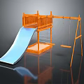 Wooden Playground Structure With Blue Slide Swing Set And Stairs