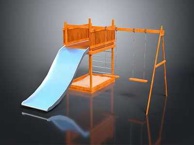 Wooden Playground Structure With Blue Slide Swing Set And Stairs 3d model