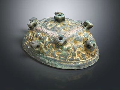 Ancient Bronze Cover With Intricate Ornate Patterns And Protruding Decorative Knobs 3d model