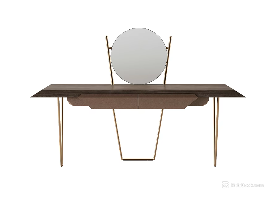 Modern Dressing Table With Round Mirror Dark Countertop And Metal Legs 3d model 