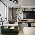 Modern Living Room Interior Design With Floor to Ceiling Windows And Marble TV Wall